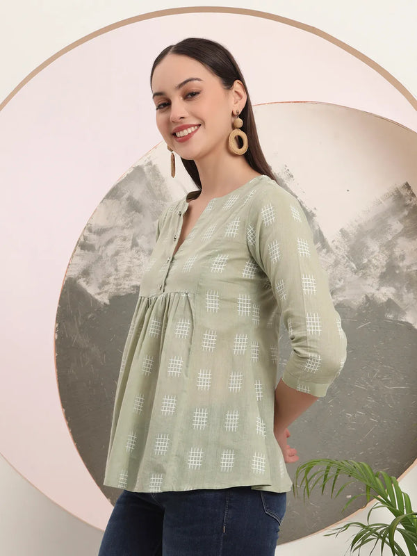 Yufta Green Handloom Cotton Gathered Or Pleated Top