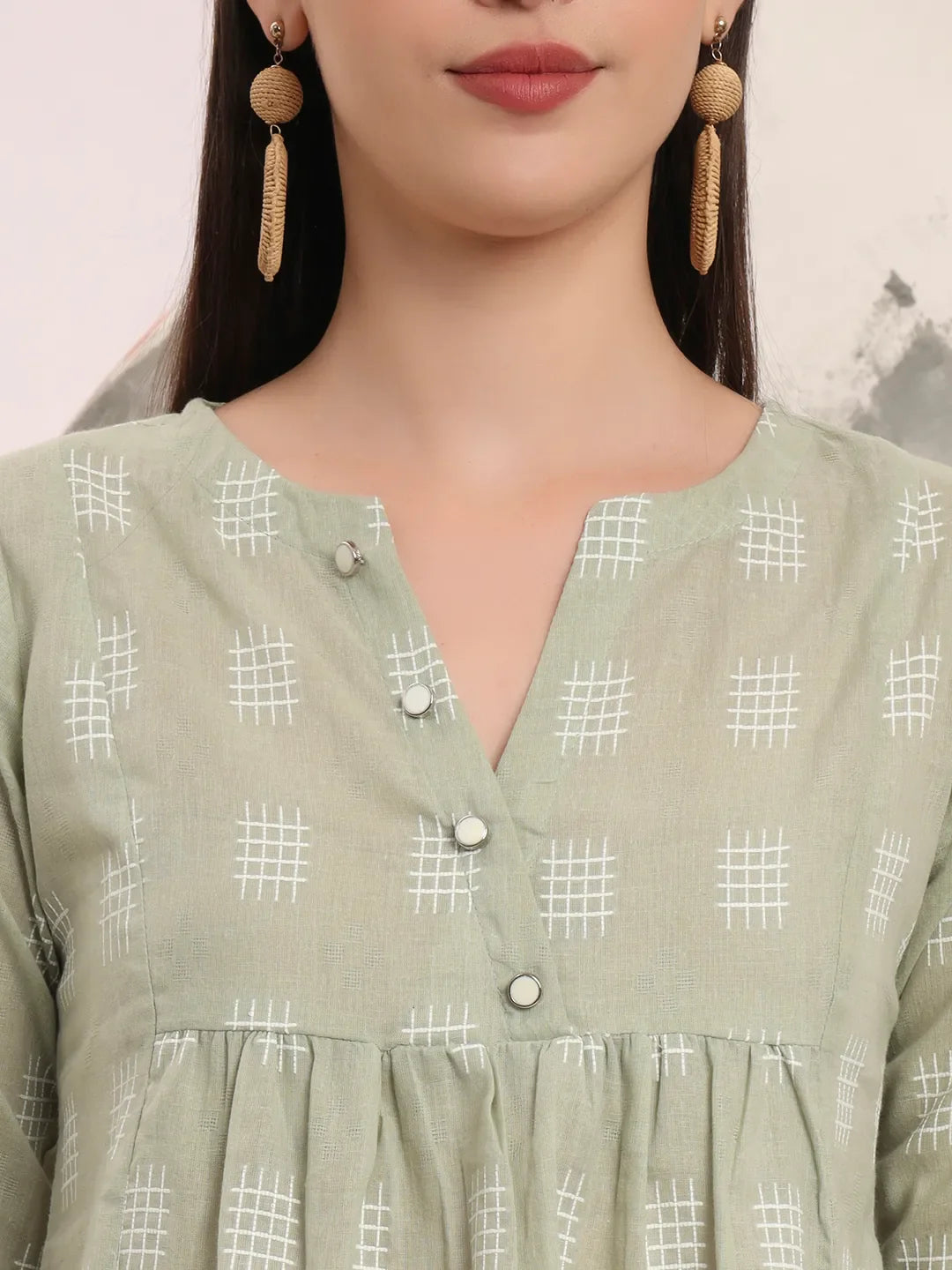 Yufta Green Handloom Cotton Gathered Or Pleated Top