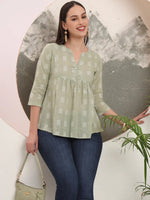 Thumbnail for Yufta Green Handloom Cotton Gathered Or Pleated Top