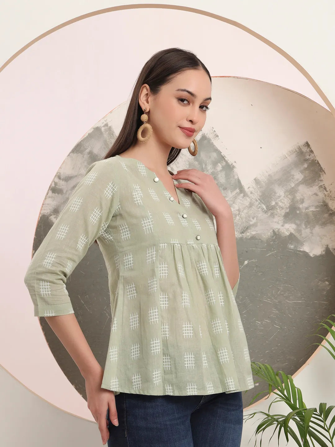 Yufta Green Handloom Cotton Gathered Or Pleated Top