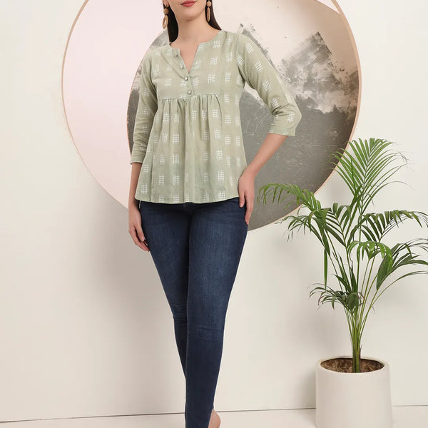 Yufta Green Handloom Cotton Gathered Or Pleated Top - Distacart