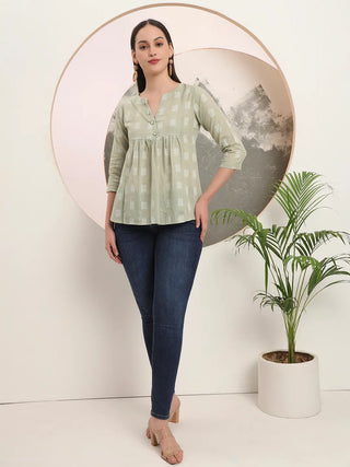 Yufta Green Handloom Cotton Gathered Or Pleated Top - Distacart