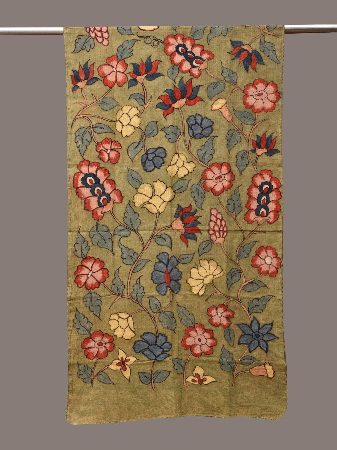 Green Kalamkari Hand Painted Cotton Stole with Floral Design - Global Threads - Distacart