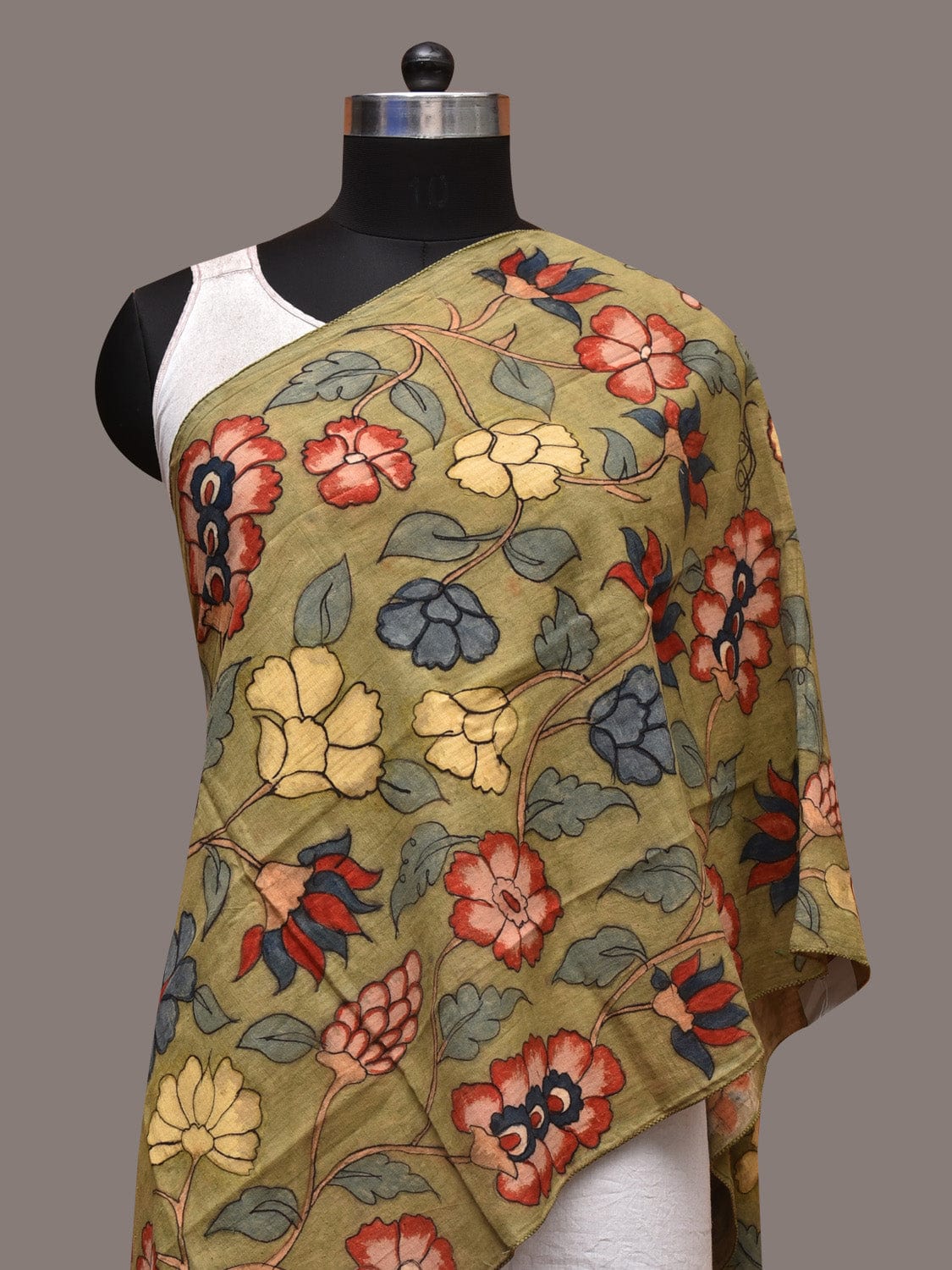 Green Kalamkari Hand Painted Cotton Stole with Floral Design - Global Threads - Distacart