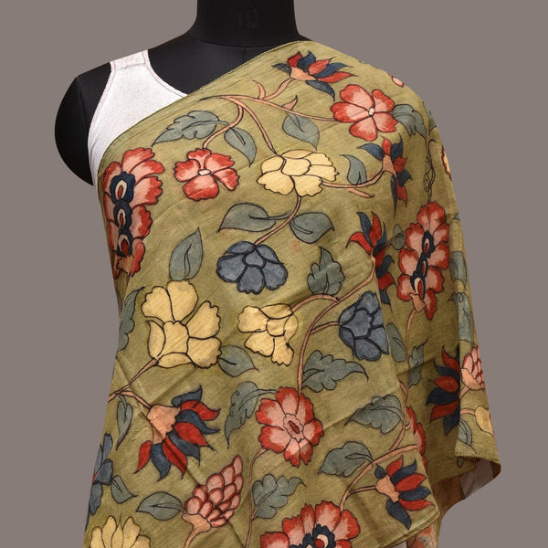 Green Kalamkari Hand Painted Cotton Stole with Floral Design - Global Threads - Distacart