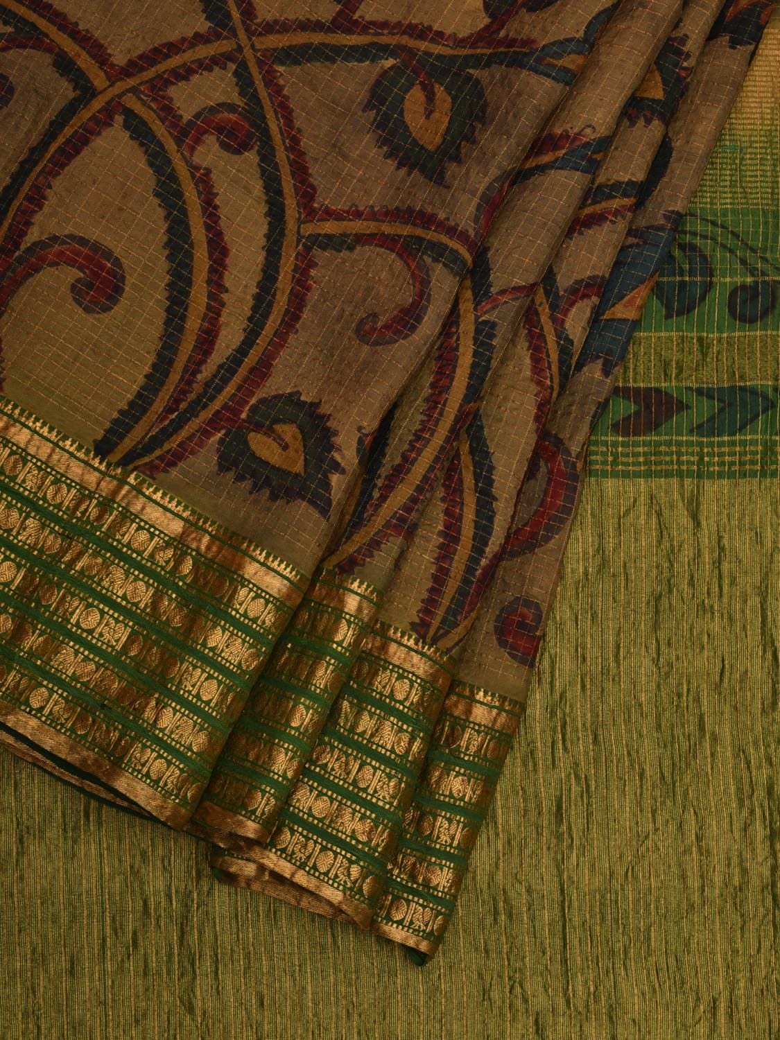 Green Kalamkari Hand Painted Gadwal Silk Handloom Saree with Floral Design - Global Threads - Distacart