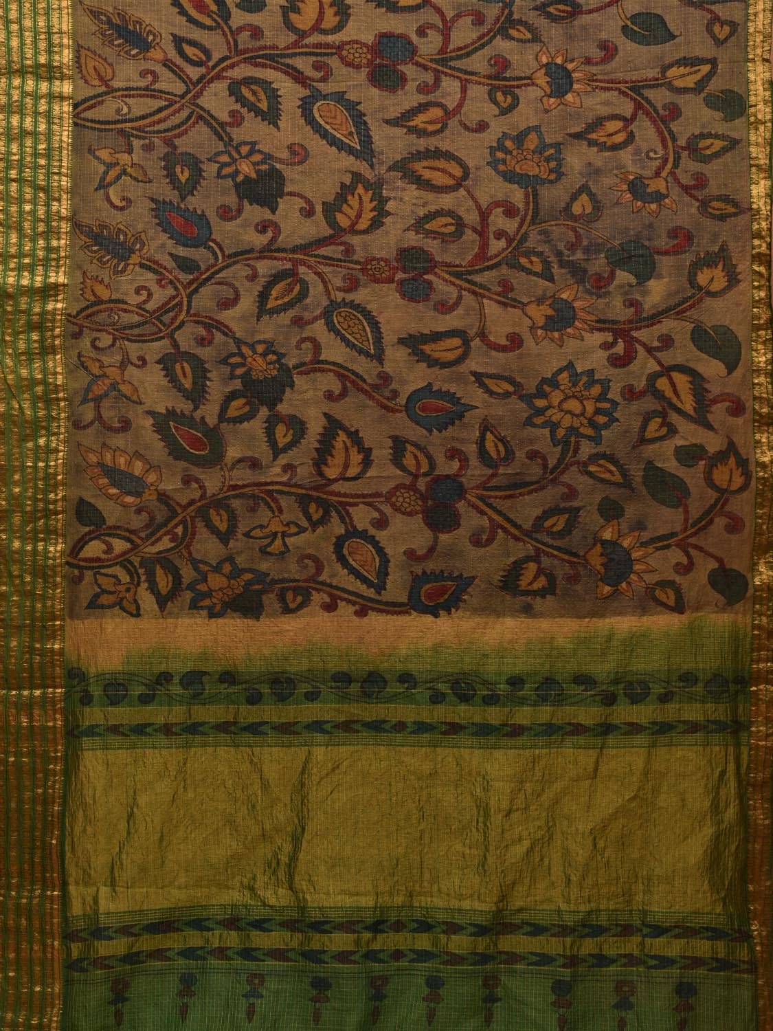 Green Kalamkari Hand Painted Gadwal Silk Handloom Saree with Floral Design - Global Threads - Distacart