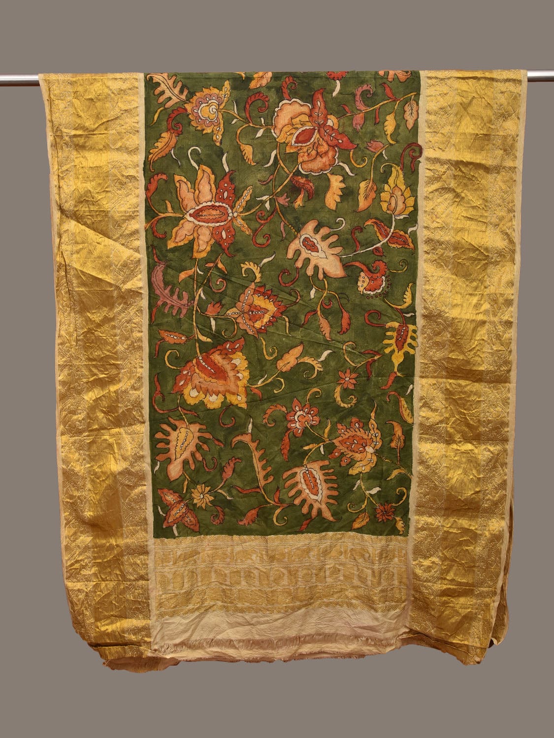 Green Kalamkari Hand Painted Kanchipuram Silk Handloom Dupatta with Floral Design - Global Threads - Distacart