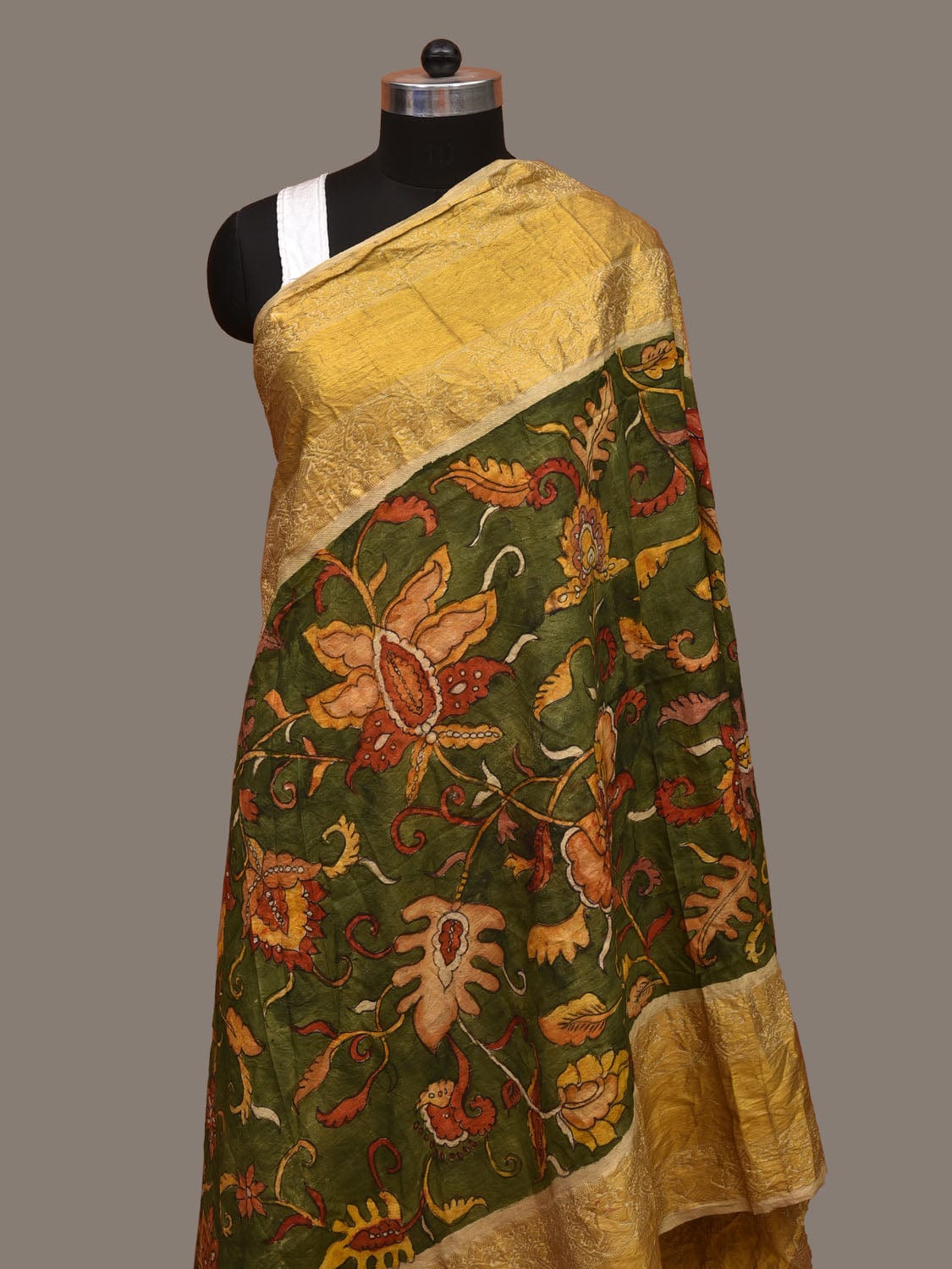 Green Kalamkari Hand Painted Kanchipuram Silk Handloom Dupatta with Floral Design - Global Threads - Distacart