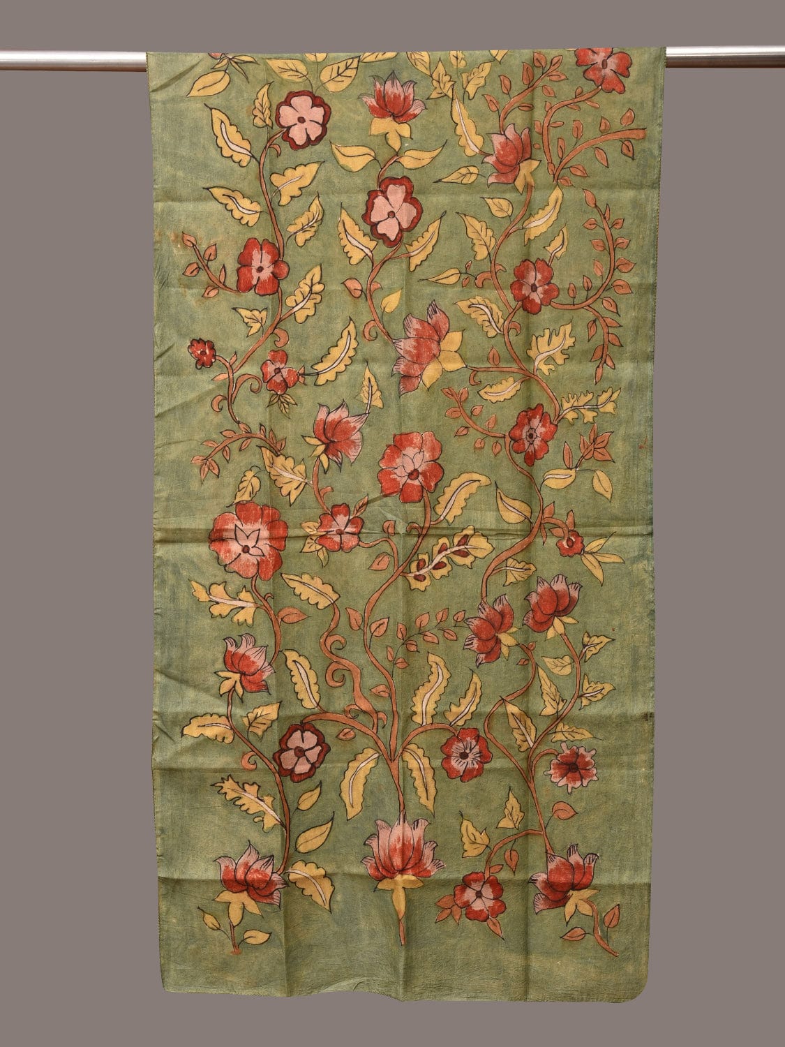 Green Kalamkari Hand Painted Sico Stole with Floral Design - Global Threads - Distacart