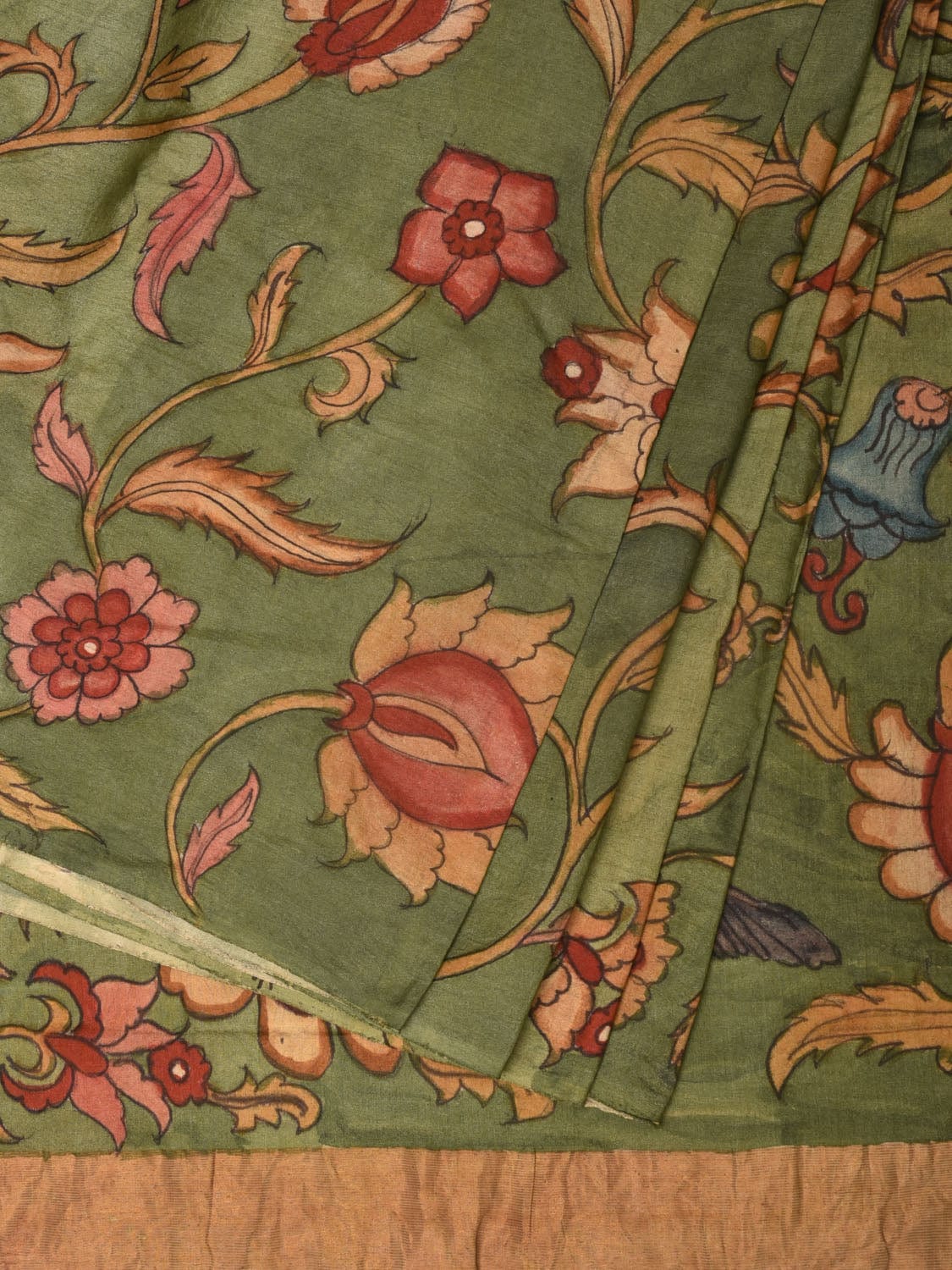 Green Kalamkari Hand Painted Tussar Cotton Handloom Saree with Floral Design - Global Threads - Distacart