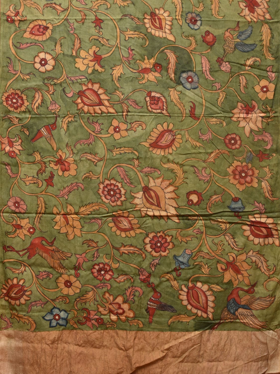 Green Kalamkari Hand Painted Tussar Cotton Handloom Saree with Floral Design - Global Threads - Distacart