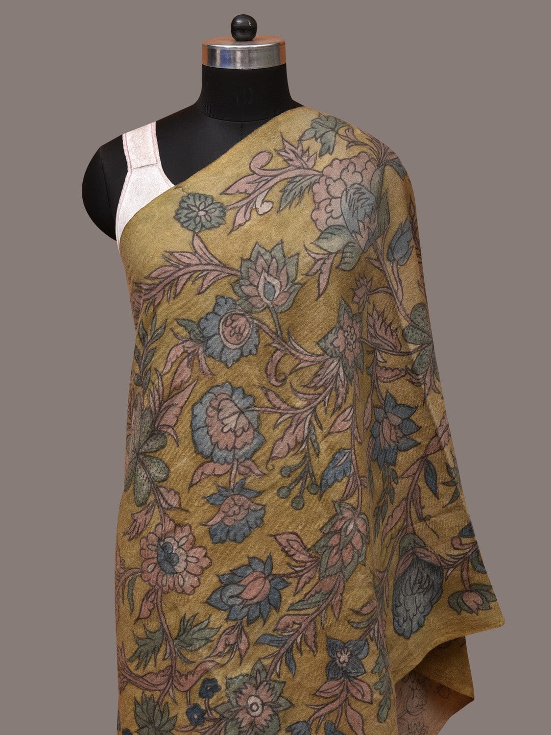 Green Kalamkari Hand Painted Woolen Handloom Dupatta with Floral Design - Global Threads - Distacart