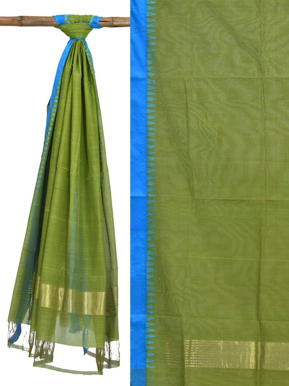 Green Khadi Cotton Handloom Dupatta with Silk Temple Border - Global Threads - Distacart