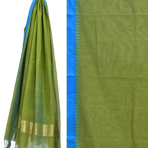 Green Khadi Cotton Handloom Dupatta with Silk Temple Border - Global Threads - Distacart
