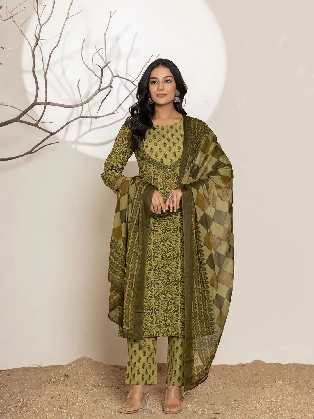 Yufta Green Leaf Print Cotton Straight Kurta Dupatta Set - Distacart