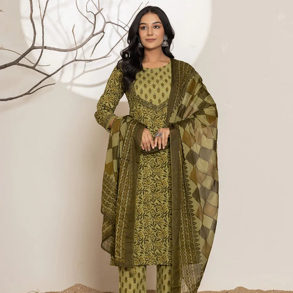 Yufta Green Leaf Print Cotton Straight Kurta Dupatta Set - Distacart