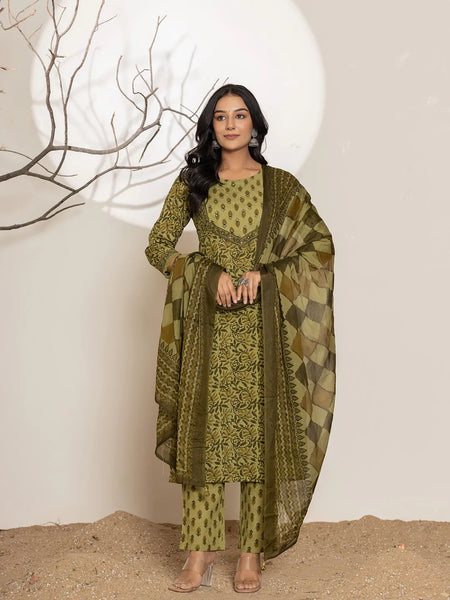Yufta Green Leaf Print Cotton Straight Kurta Dupatta Set - Distacart