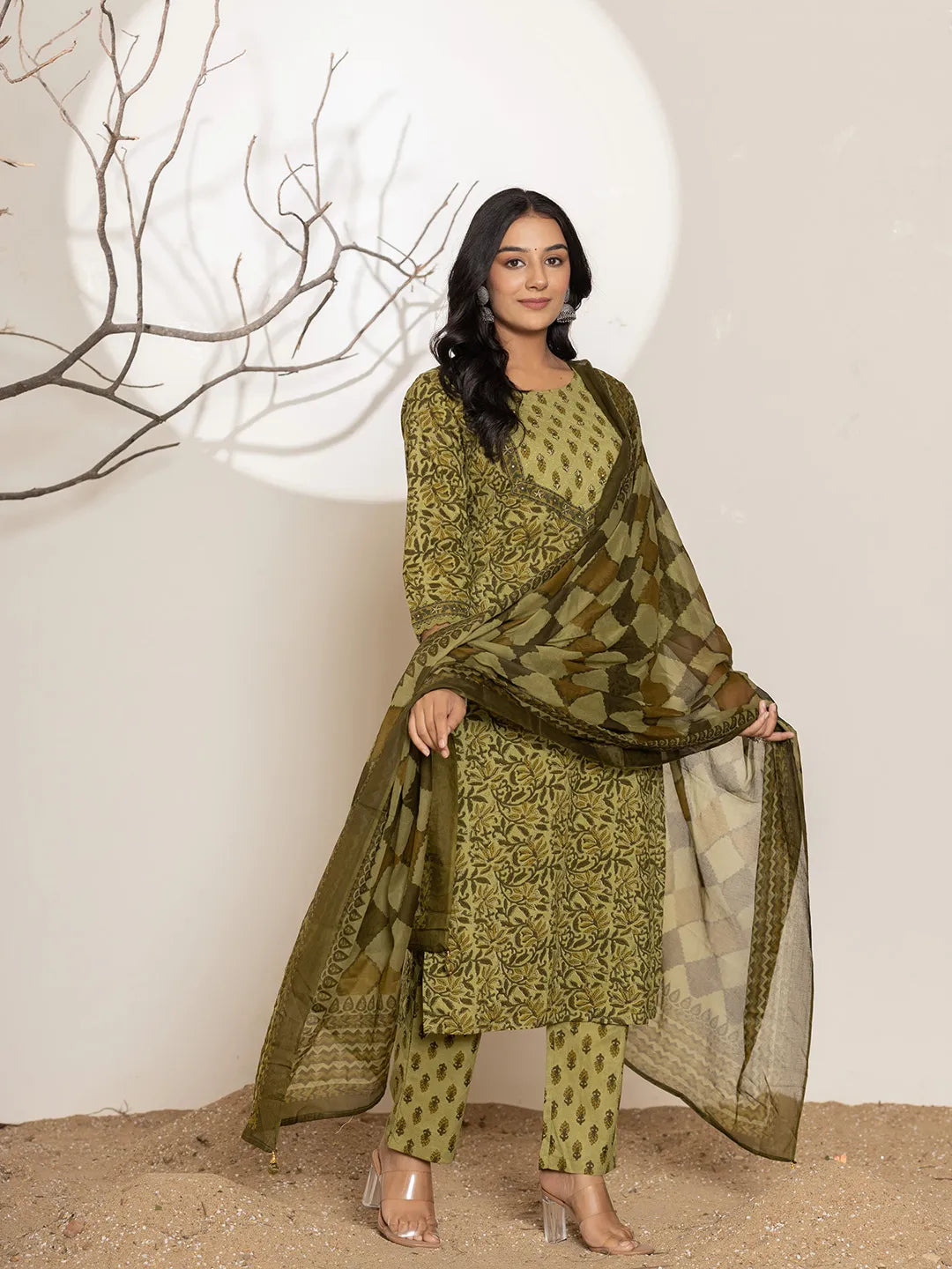 Yufta Green Leaf Print Cotton Straight Kurta Dupatta Set - Distacart