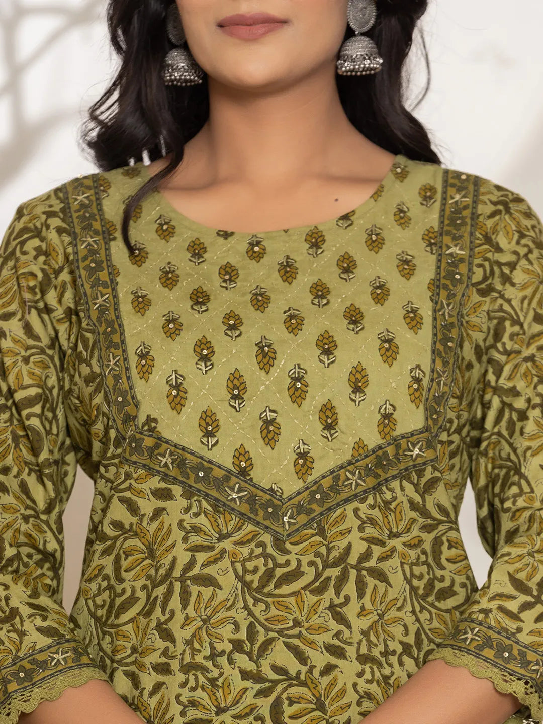 Yufta Green Leaf Print Cotton Straight Kurta Dupatta Set - Distacart