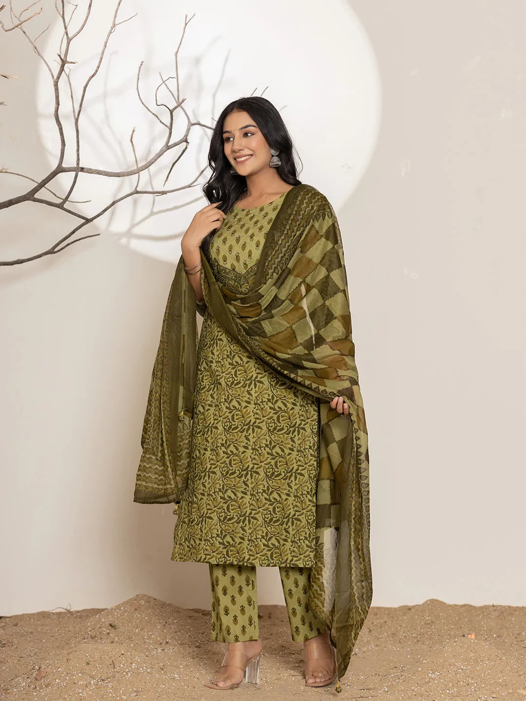 Yufta Green Leaf Print Cotton Straight Kurta Dupatta Set - Distacart