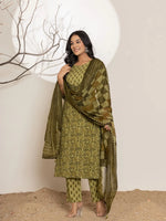 Thumbnail for Yufta Green Leaf Print Cotton Straight Kurta Dupatta Set - Distacart
