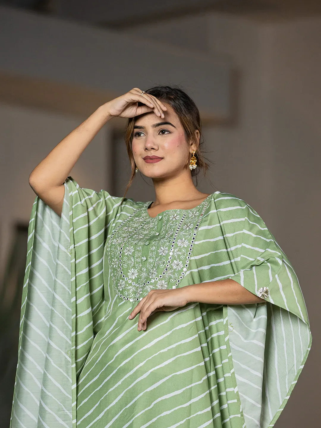 Yufta Green Leheriya Embroidered Kaftan Kurta Set