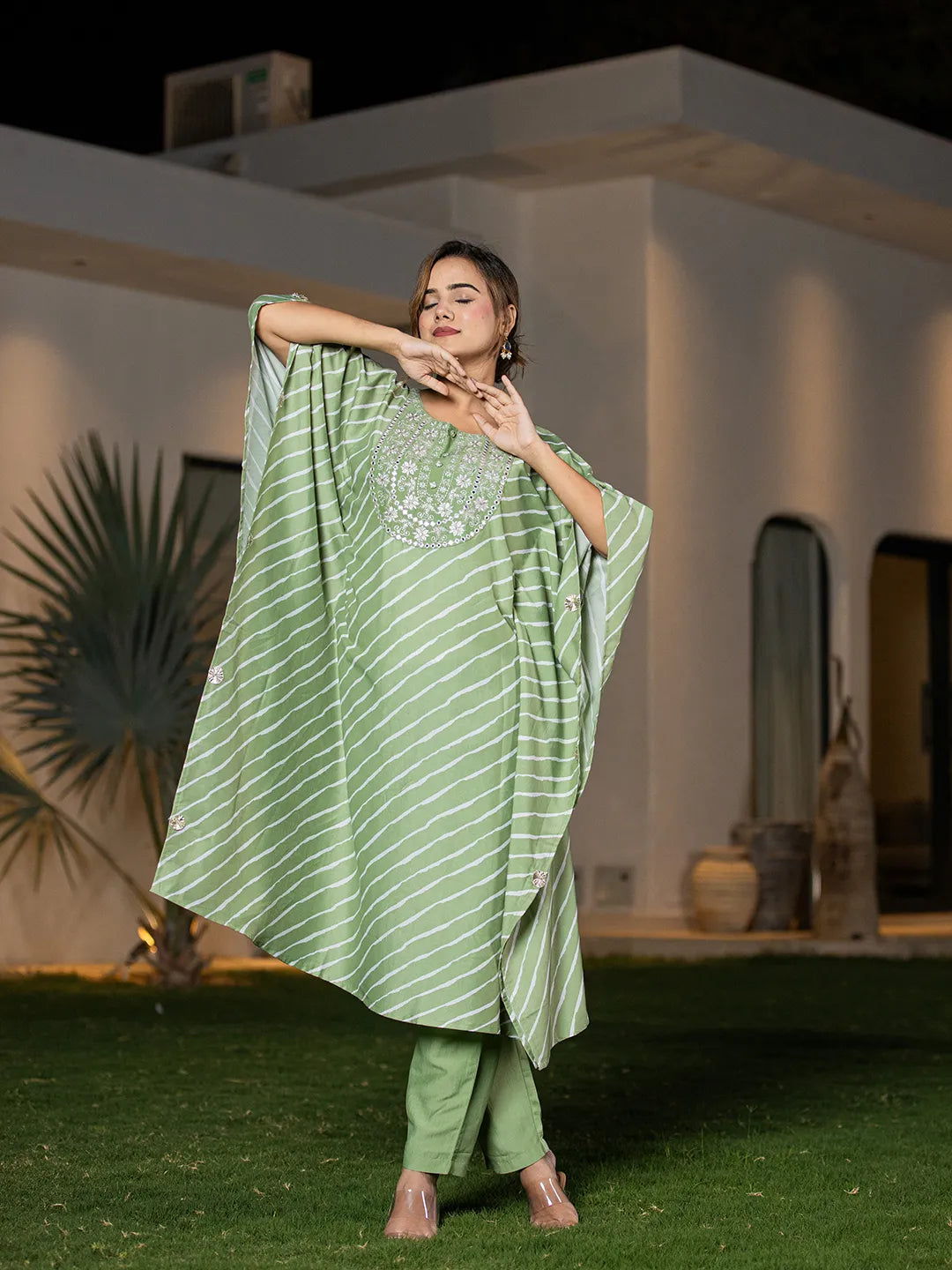 Yufta Green Leheriya Embroidered Kaftan Kurta Set