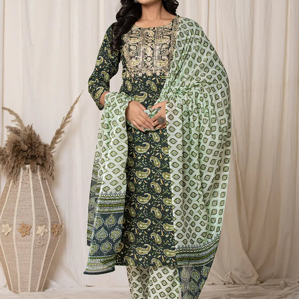 Yufta Green Paisley Pure Cotton Straight Kurta And Trouser With Dupatta Set - Distacart
