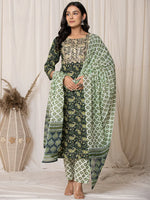 Thumbnail for Yufta Green Paisley Pure Cotton Straight Kurta And Trouser With Dupatta Set