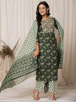 Thumbnail for Yufta Green Paisley Pure Cotton Straight Kurta And Trouser With Dupatta Set