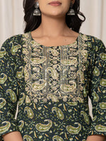 Thumbnail for Yufta Green Paisley Pure Cotton Straight Kurta And Trouser With Dupatta Set