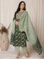 Thumbnail for Yufta Green Paisley Pure Cotton Straight Kurta And Trouser With Dupatta Set