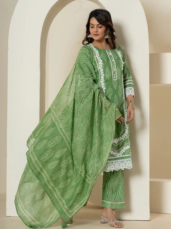Yufta Green Patch Work Pure Cotton Straight Kurta And Dupatta Set