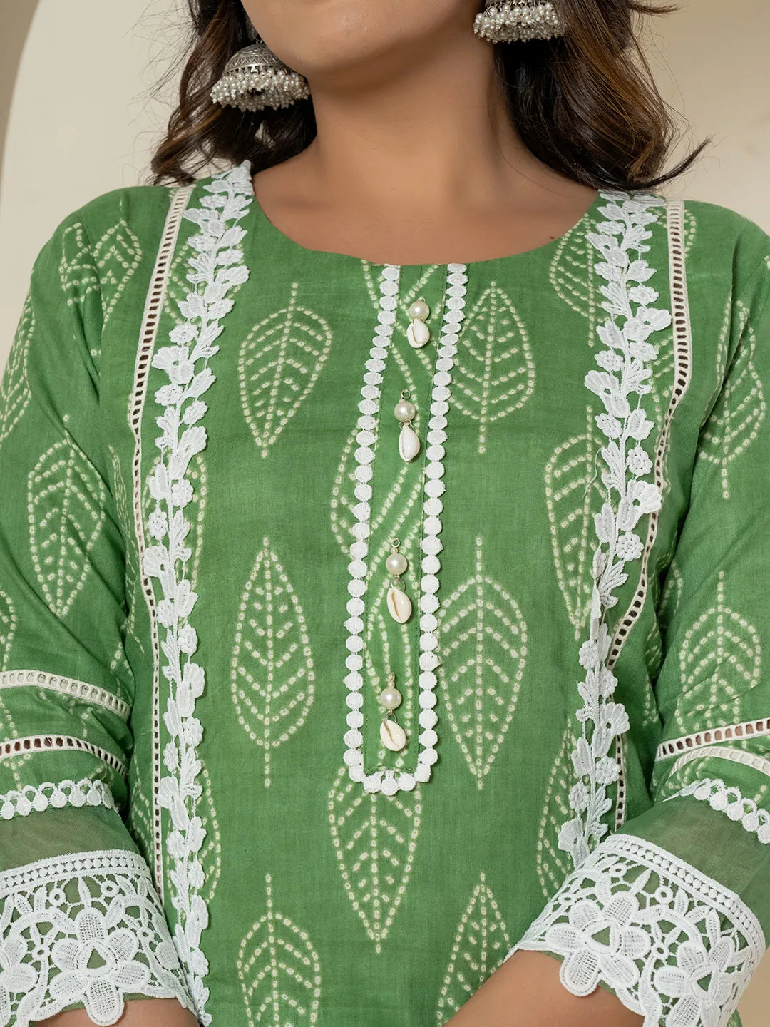 Yufta Green Patch Work Pure Cotton Straight Kurta And Dupatta Set