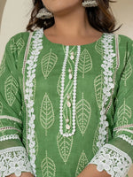 Thumbnail for Yufta Green Patch Work Pure Cotton Straight Kurta And Dupatta Set