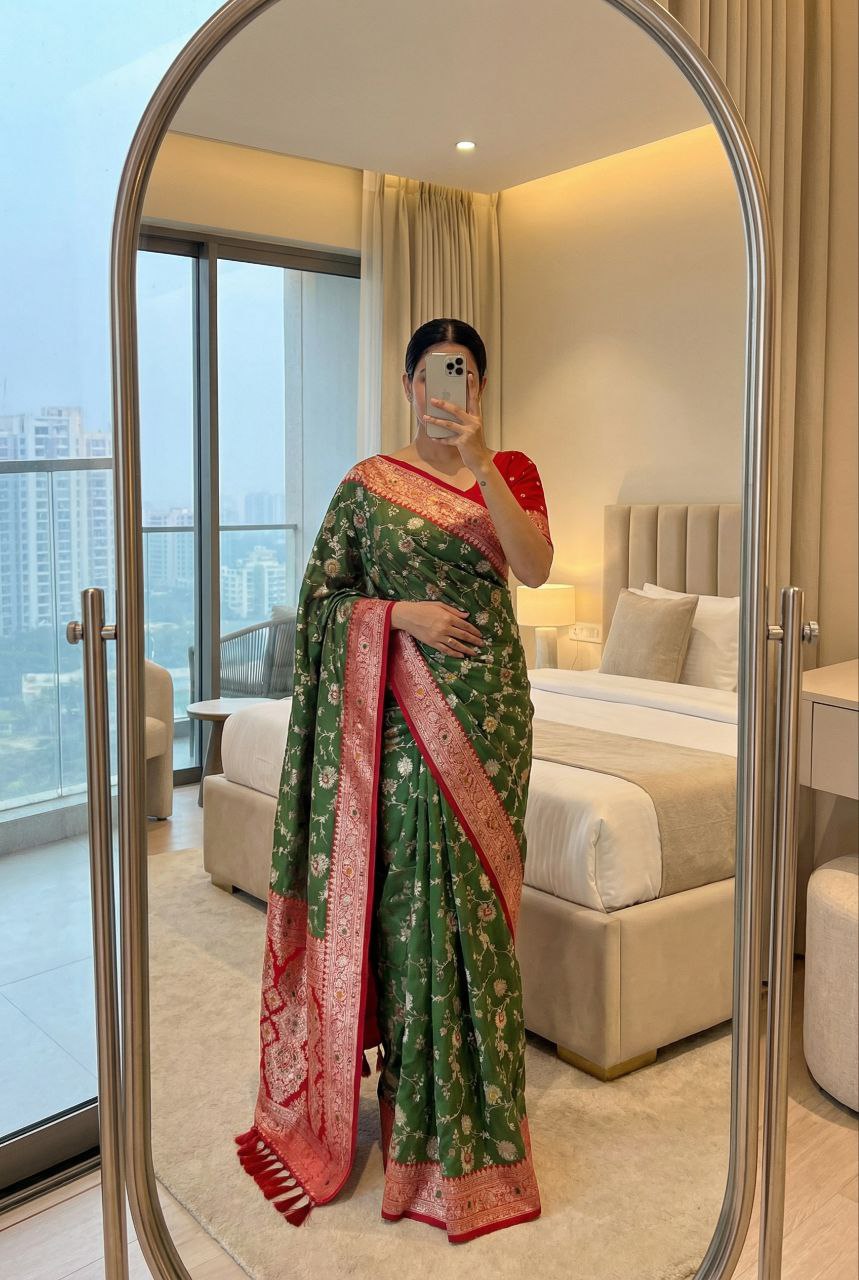 Mameraa Sarees Green Soft Silk Blend Saree With Zari Weaving Meenakari Design-Green - Dista