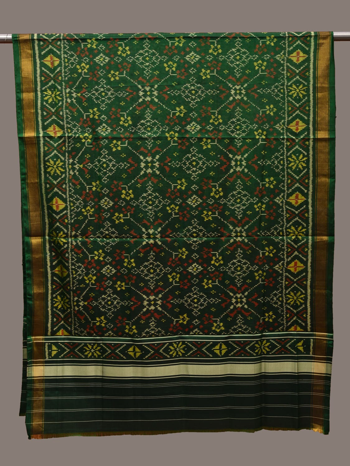Green Pochampally Ikat Silk Handloom Dupatta with Grill Design - Global Threads - Distacart