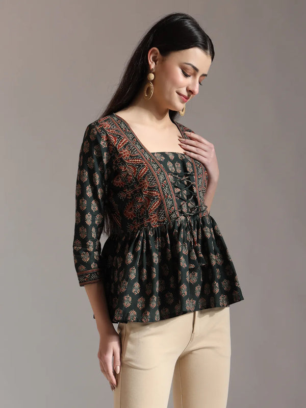 Yufta Green Pure Cotton Ethnic Motifs Dori Work Design Gathered Or Pleated Top