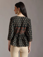 Thumbnail for Yufta Green Pure Cotton Ethnic Motifs Dori Work Design Gathered Or Pleated Top