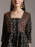 Thumbnail for Yufta Green Pure Cotton Ethnic Motifs Dori Work Design Gathered Or Pleated Top