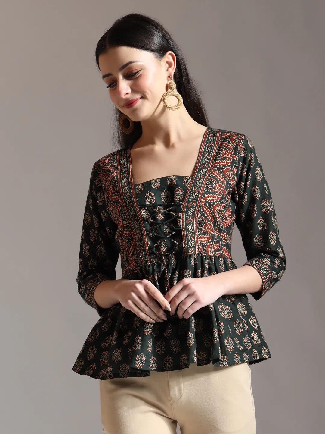 Yufta Green Pure Cotton Ethnic Motifs Dori Work Design Gathered Or Pleated Top
