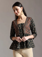 Thumbnail for Yufta Green Pure Cotton Ethnic Motifs Dori Work Design Gathered Or Pleated Top
