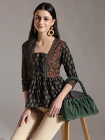 Thumbnail for Yufta Green Pure Cotton Ethnic Motifs Dori Work Design Gathered Or Pleated Top