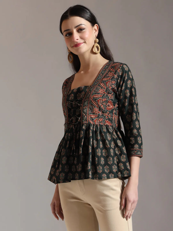 Yufta Green Pure Cotton Ethnic Motifs Dori Work Design Gathered Or Pleated Top