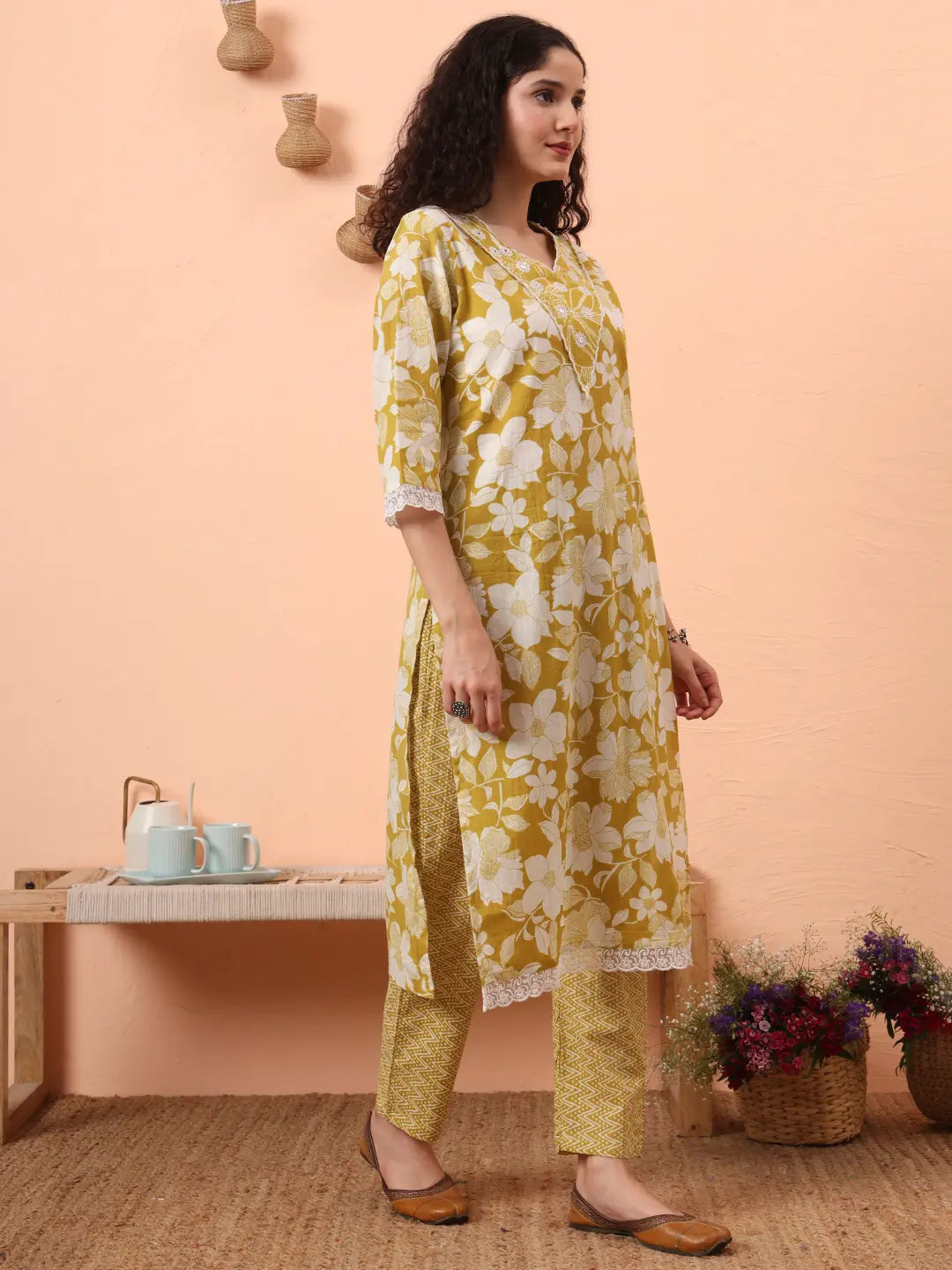 Yufta Green Pure Cotton Ethnic Motifs Straight Kurta Pant Set