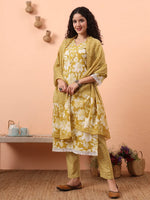 Thumbnail for Yufta Green Pure Cotton Ethnic Motifs Straight Kurta Pant Set