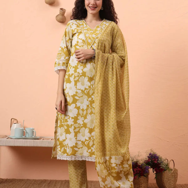 Yufta Green Pure Cotton Ethnic Motifs Straight Kurta Pant Set - Distacart