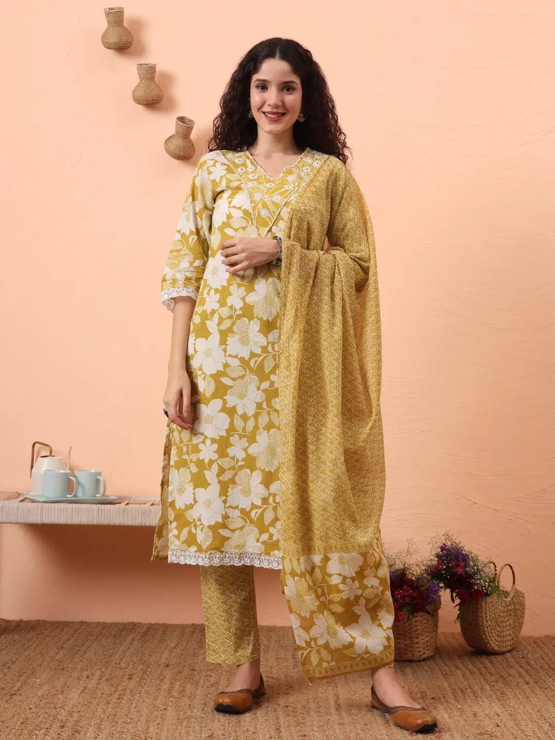 Yufta Green Pure Cotton Ethnic Motifs Straight Kurta Pant Set - Distacart