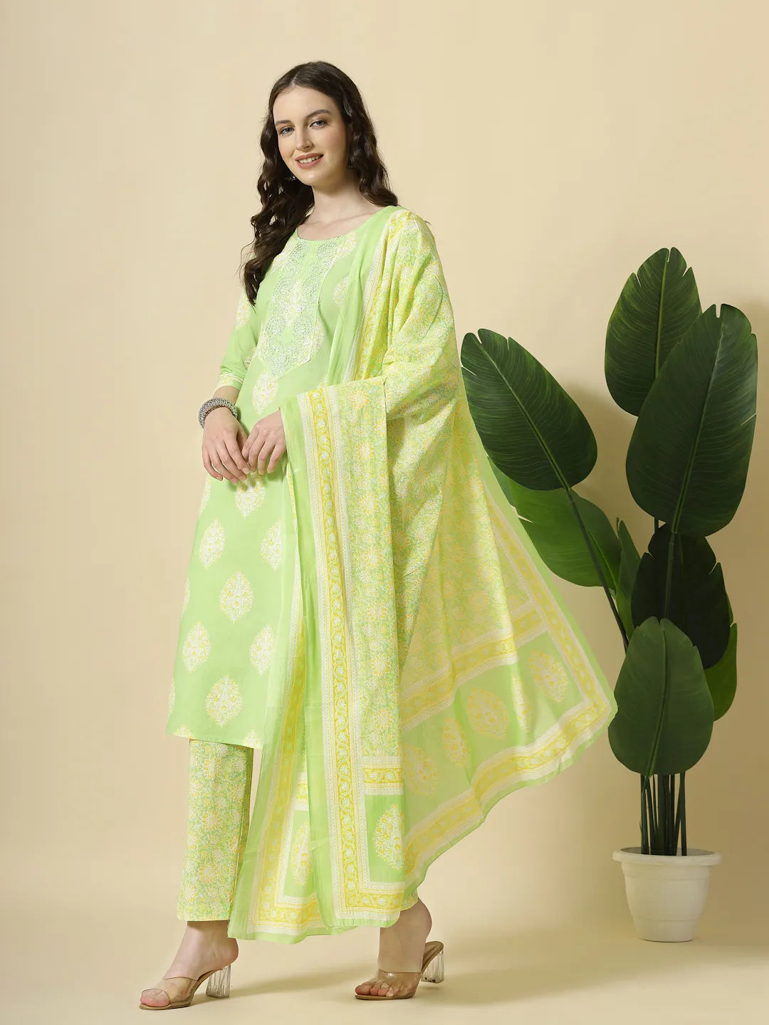 Yufta Green Pure Cotton Floral PrintThreadWork Kurta Dupatta Pant Set - Distacart